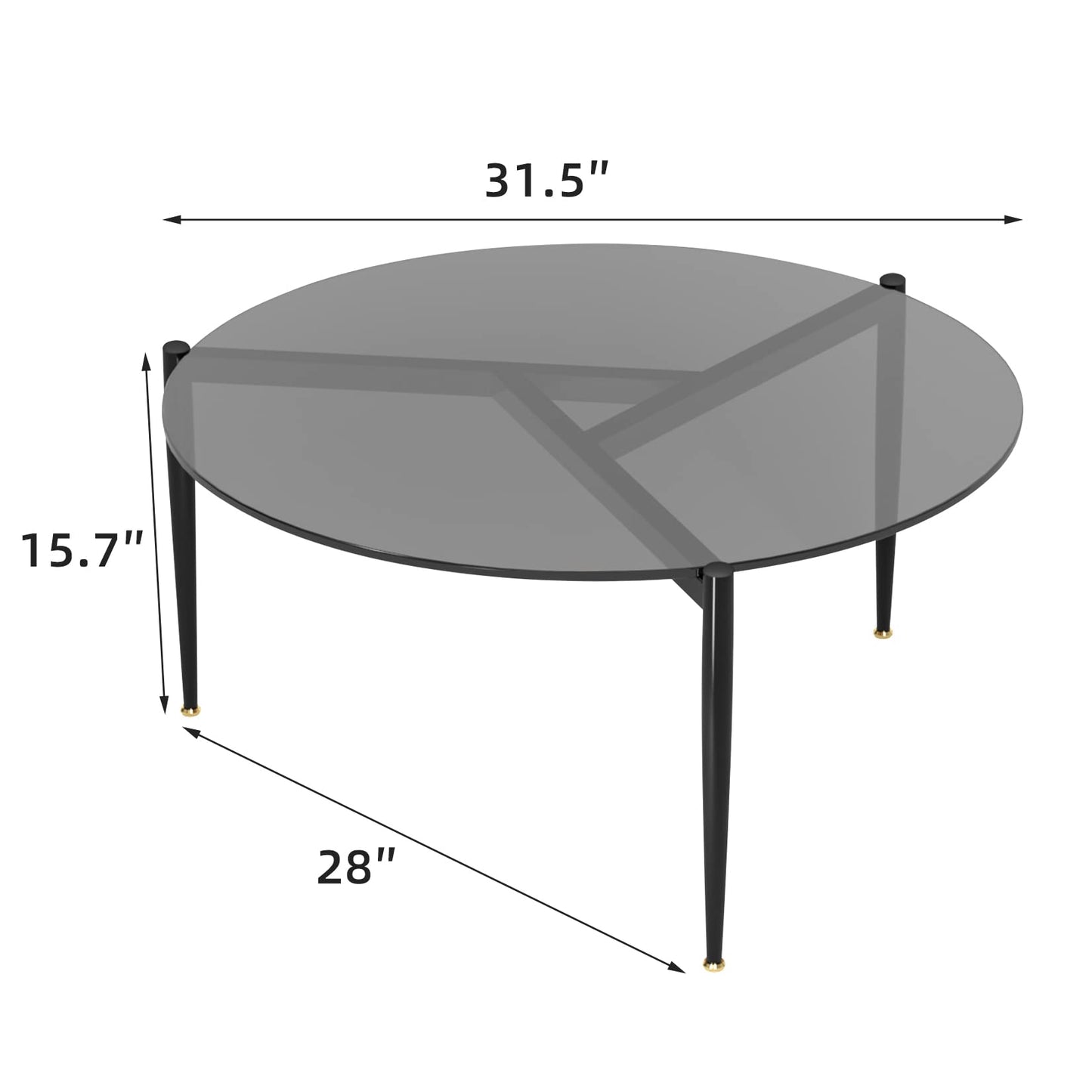 Artloge Round Tempered Glass Table: 31.5 inch Large Circle Top Storage Shelf with Metal Frame, Modern Coffee Table Center Desk Luxury Furniture for Living Room, Grey