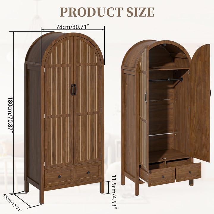 Lxsxlome Wardrobe Closet, Modern Armoire Wardrobe Closet with Drawers and 2 Arched Fluted Doors, 70.87‘’ Tall Wooden Bedroom Armoires with Shelves and Hanging Rod (1, Walnut,17.71''D)