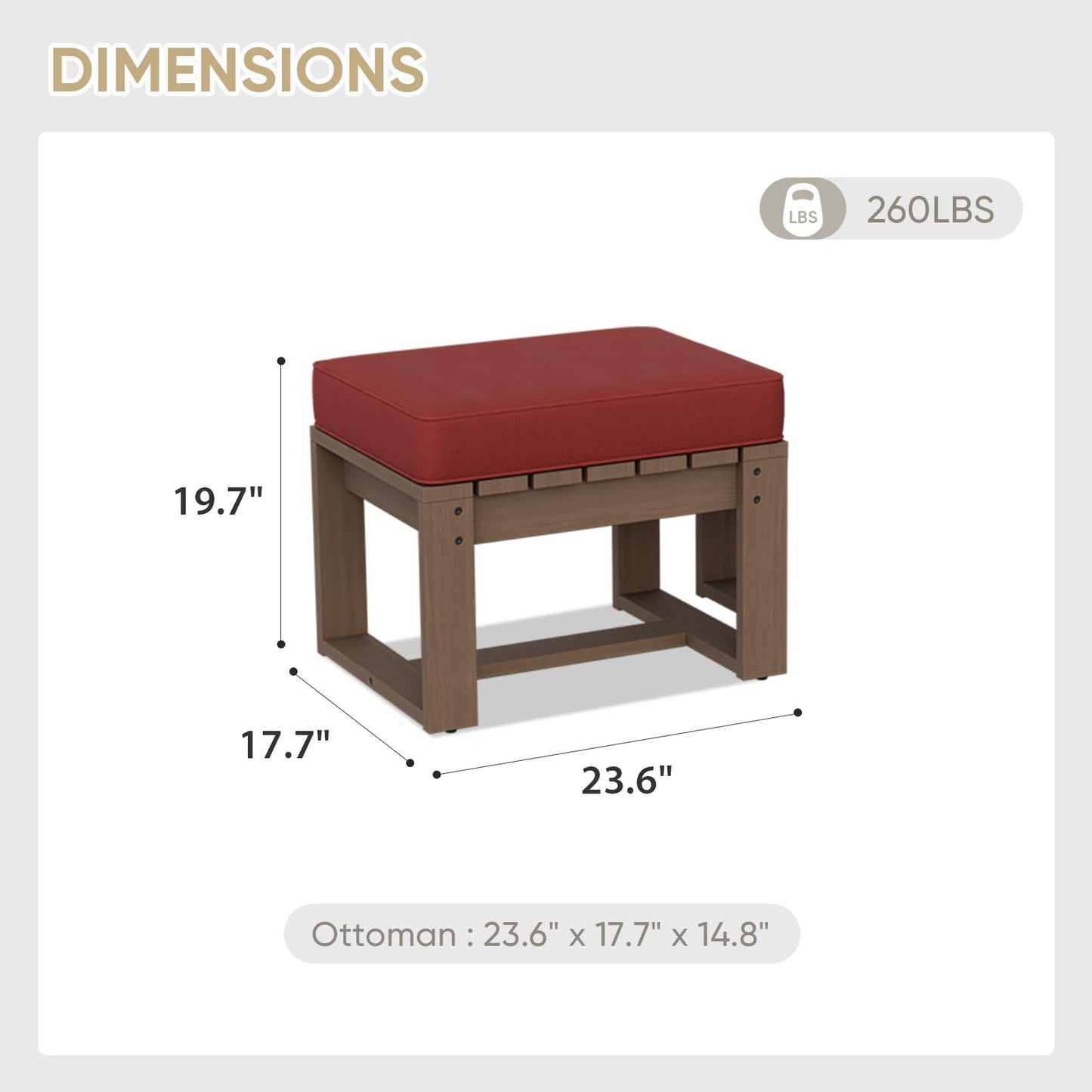 COOS BAY Natural Cedar Outdoor Patio Ottomans with Removable Cushions, Set of 2, Real Wood Footrests for Deck, Porch, Balcony, and Backyard, Brownish/Red