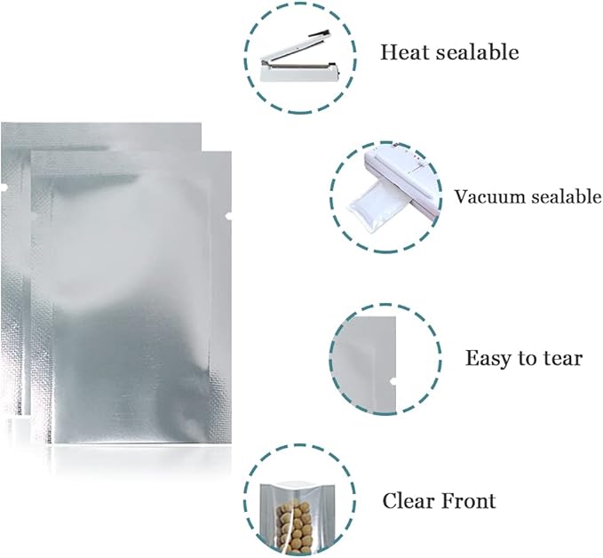 Silver Aluminum Foil Pouch Heat Seal Front Window Plastic Mini Open Top Flat Vacuum Packaging Mylar Bag Food Small Sample Mylar Storage with Tear Notch (200, 11x16cm (4.3x6.3 inch))