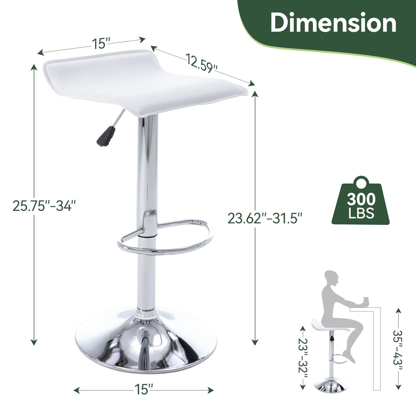 Adjustable Swivel Bar Stools Set of 2, Modern PU Leather Backless Counter Height Stools with Footrest & Gas Lift | Heavy Duty for Kitchen Island, Home Bar, Dining Room (White, Chrome Base)