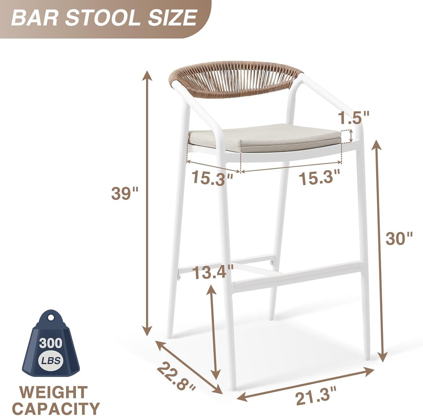 RICNOD Modern Outdoor Bar Stools Set of 2, White Aluminum Frame with Wicker Back, Cushioned Patio Seating