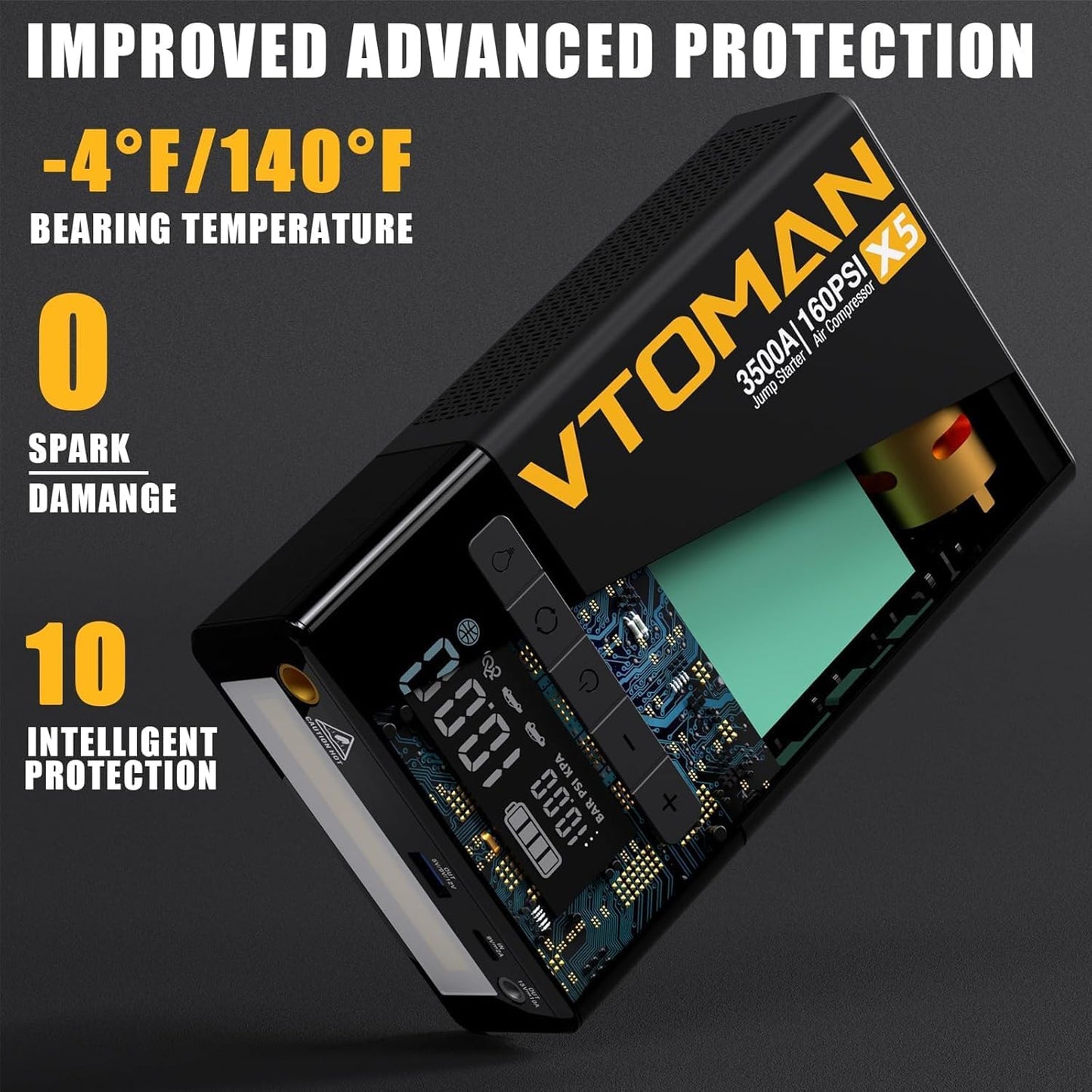 VTOMAN X5 Jump Starter with Air Compressor, 3500A Portable Car Battery Booster (Up to 9L Gas/8L Diesel Engines) with 160PSI Digital Tire Inflator, 12V Lithium Battery Jump box with Type-C Quick Charge