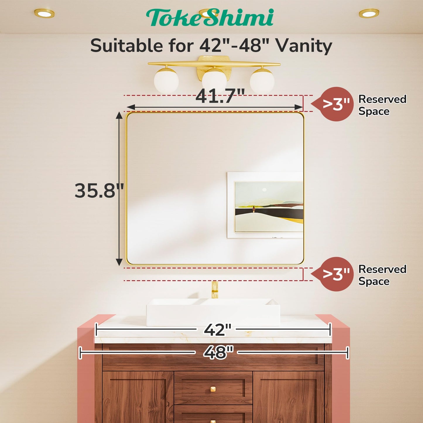 TokeShimi 42x36 Brushed Gold Bathroom Mirror for Over Sink,Bathroom Vanity Mirror with Tempered Glass, Modern Framed Wall Mirrors(Horizontal/Vertical)