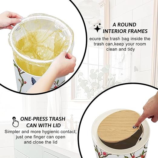 Trash Can with Lid Seamless floral pattern hand drawn hummingbirds tropical japanese Press Top Round Small Garbage Bin with Wooden Legs Waste Basket for Kitchen Bedroom Nursery 7L/1.8 Gallon