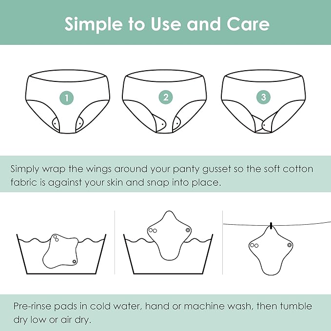 wegreeco 6 Pc Reusable Menstrual Pads, Ultra Absorbent Cloth Pads for Light/Heavy Flow, Sanitary for Teens, Women, Nonslip Panty Liners + Bag (Aqua, Burgundy, Coffee, XL)