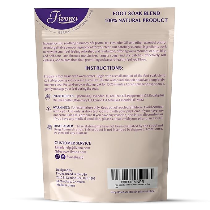 Fivona Foot Soak Blend Epsom Salt with Lavender 14.1 oz - Calming Foot Bath Salt, Relax & Renew Tired Feet, Soothe Soreness, Soften Calluses - Rejuvenating Pedicure Spa at Home