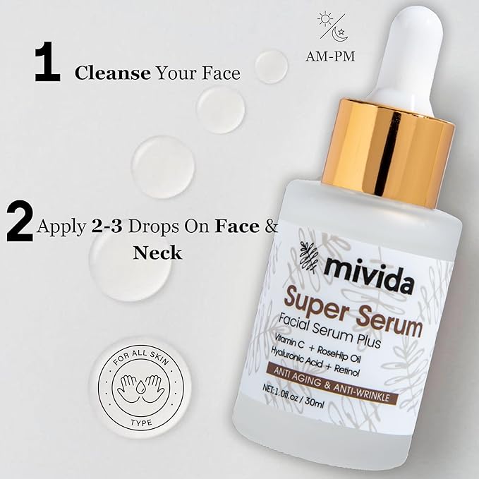 mivida 4-in-1 Anti-Aging Serum for face | Retinol, Vitamin C, Hyaluronic Acid & RoseHip Oil | Reduces Fine Lines, Wrinkles | multi benefit Face Super Serum β 1 Fl Oz