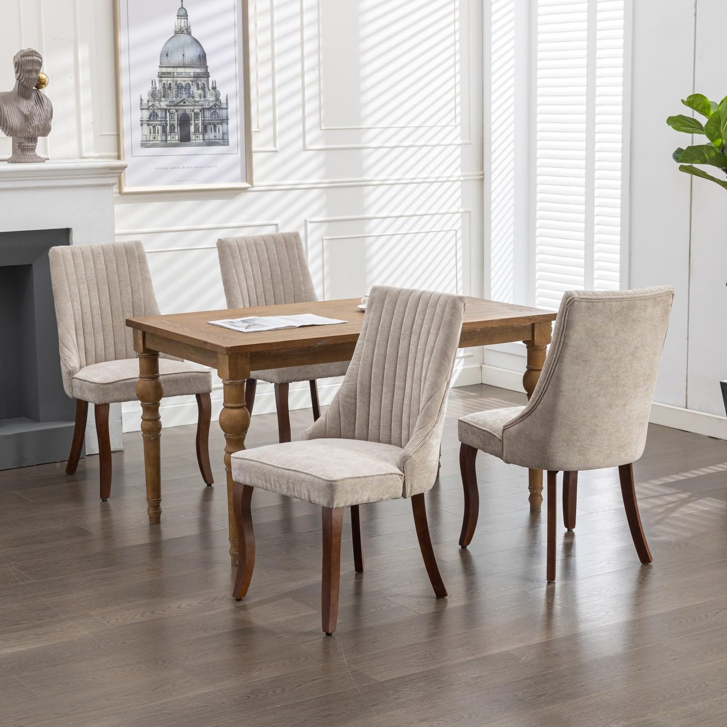 LKTART Upholstered Dining Chairs Set of 6, Solid Wood Kitchen Dining Room Chairs with Thicken Padded and Nailhead Trim for Home Kitchen Bedroom Beige