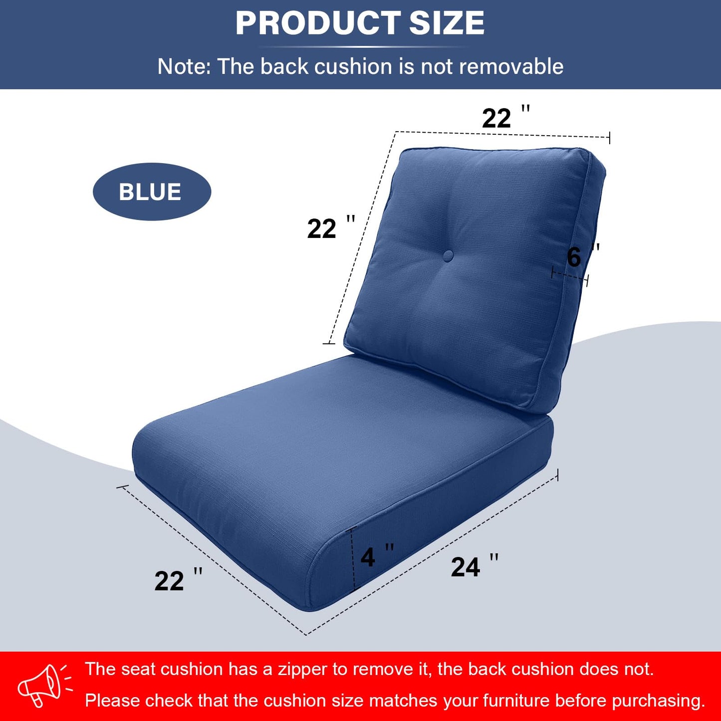 Artfurniz Outdoor Chair Cushions - 22 * 24" Patio Furniture Cushions with Removable Cover, 28D High Density Sponge Filling Outdoor Patio Cushions for Chairs, Rocker, Sofa and Loveseat - Blue