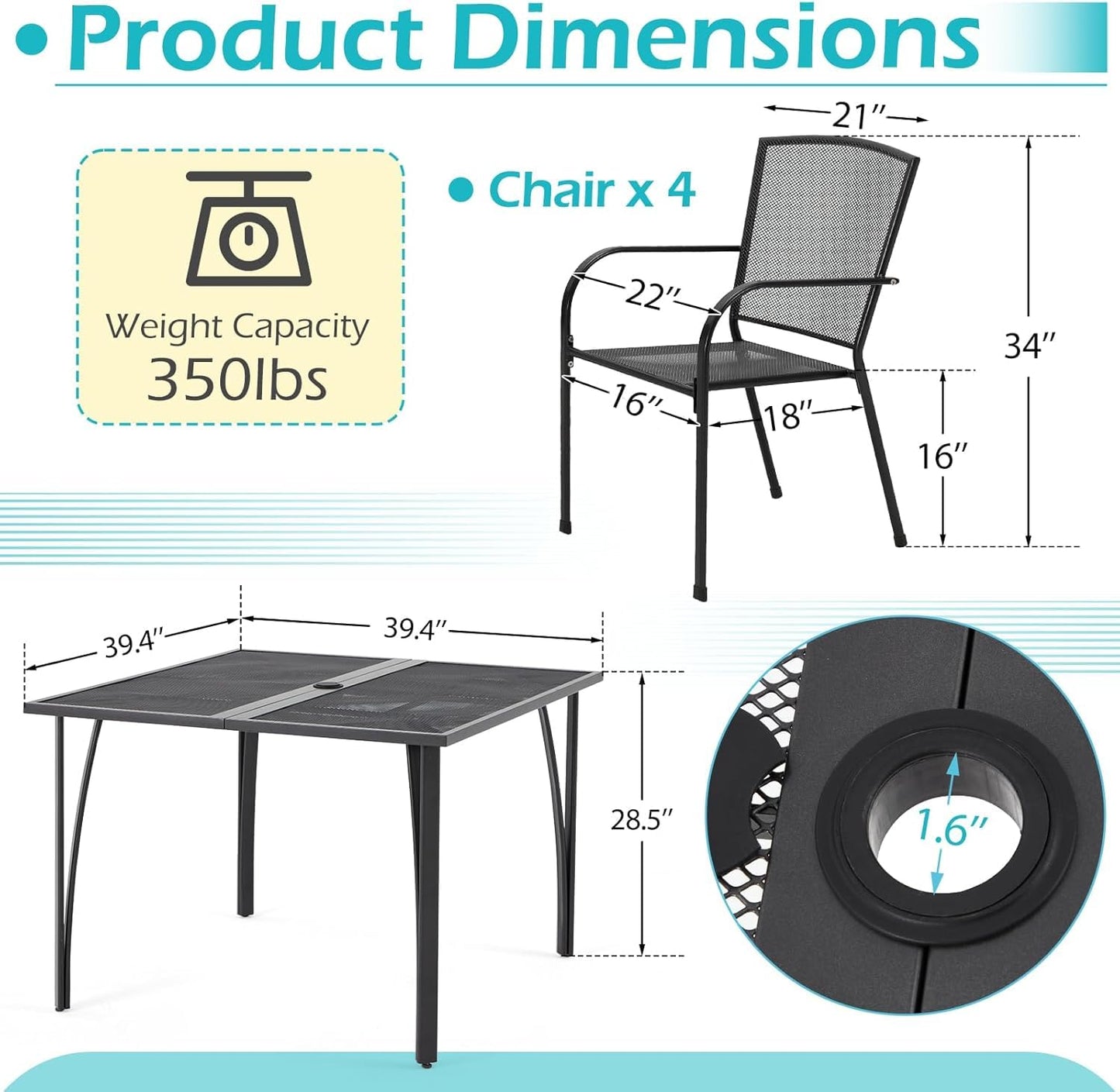 AECOJOY39.4 Outdoor Patio Dining Table and Chairs Set for 4, Square Metal Patio Table with 1.6" Umbrella Hole, All-Weather Resistant Outdoor Furniture Table Set for Patio, Backyard, Garden, Poolside