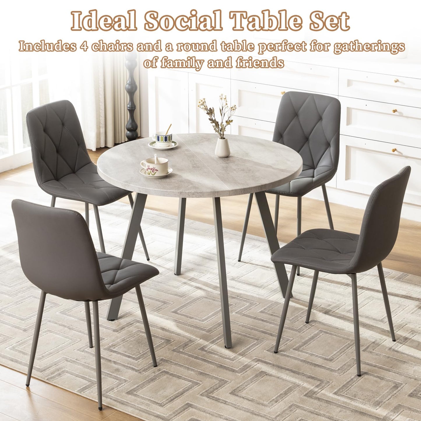 Sesslife Round Dining Table Set for 4 Faux Marble 39“ Round Kitchen Table with 4 PU Chairs for Space Saving Apartment Kitchen Dining Room (Gray + Gray)