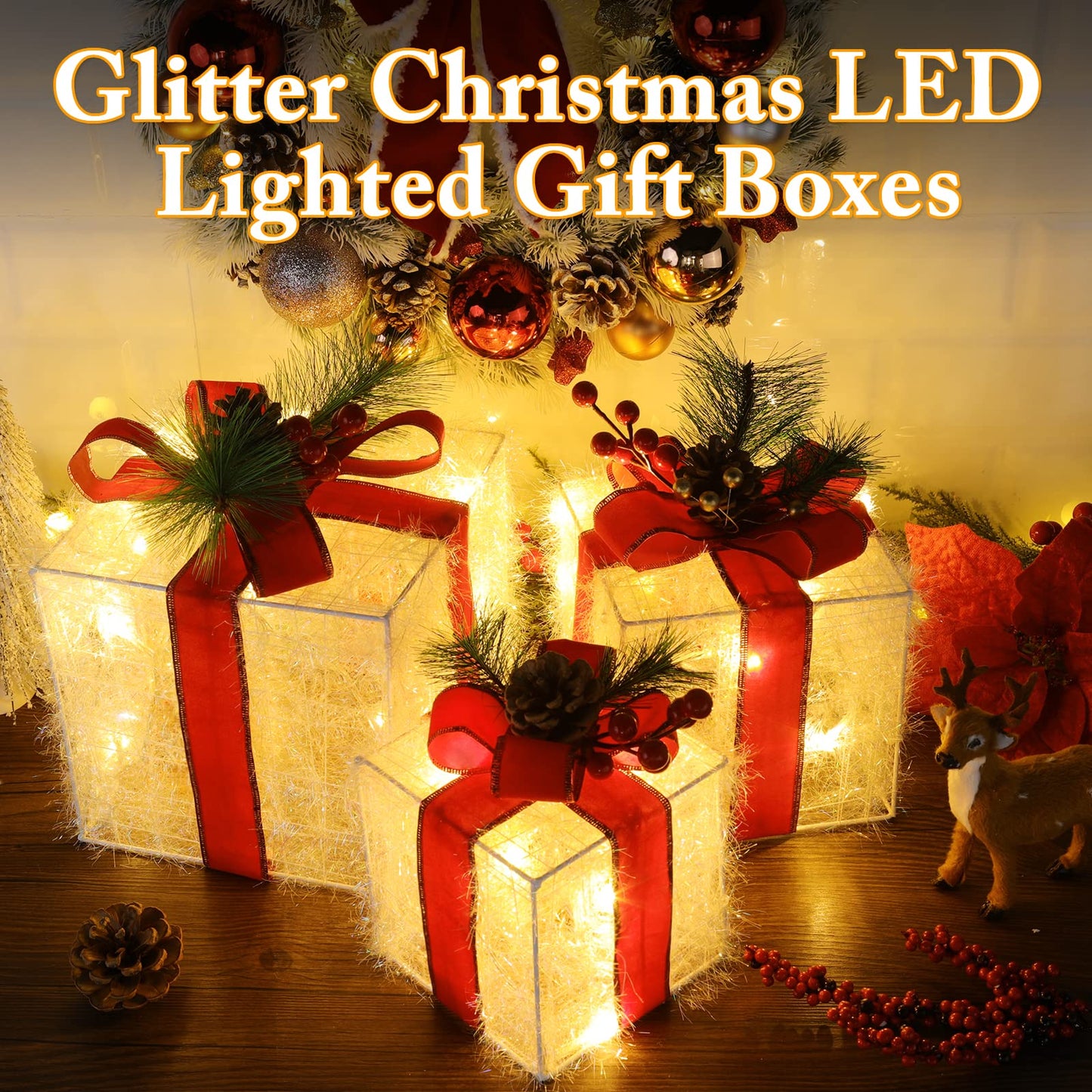 Elegear Christmas Lighted Gift Boxes, Christmas Decorations Indoor 8 Modes & Timer Function Set of 3 Plug-in Light Up Present Boxes with 60 LEDs Christmas Decor with Pine Cones for Holiday Party Xmas