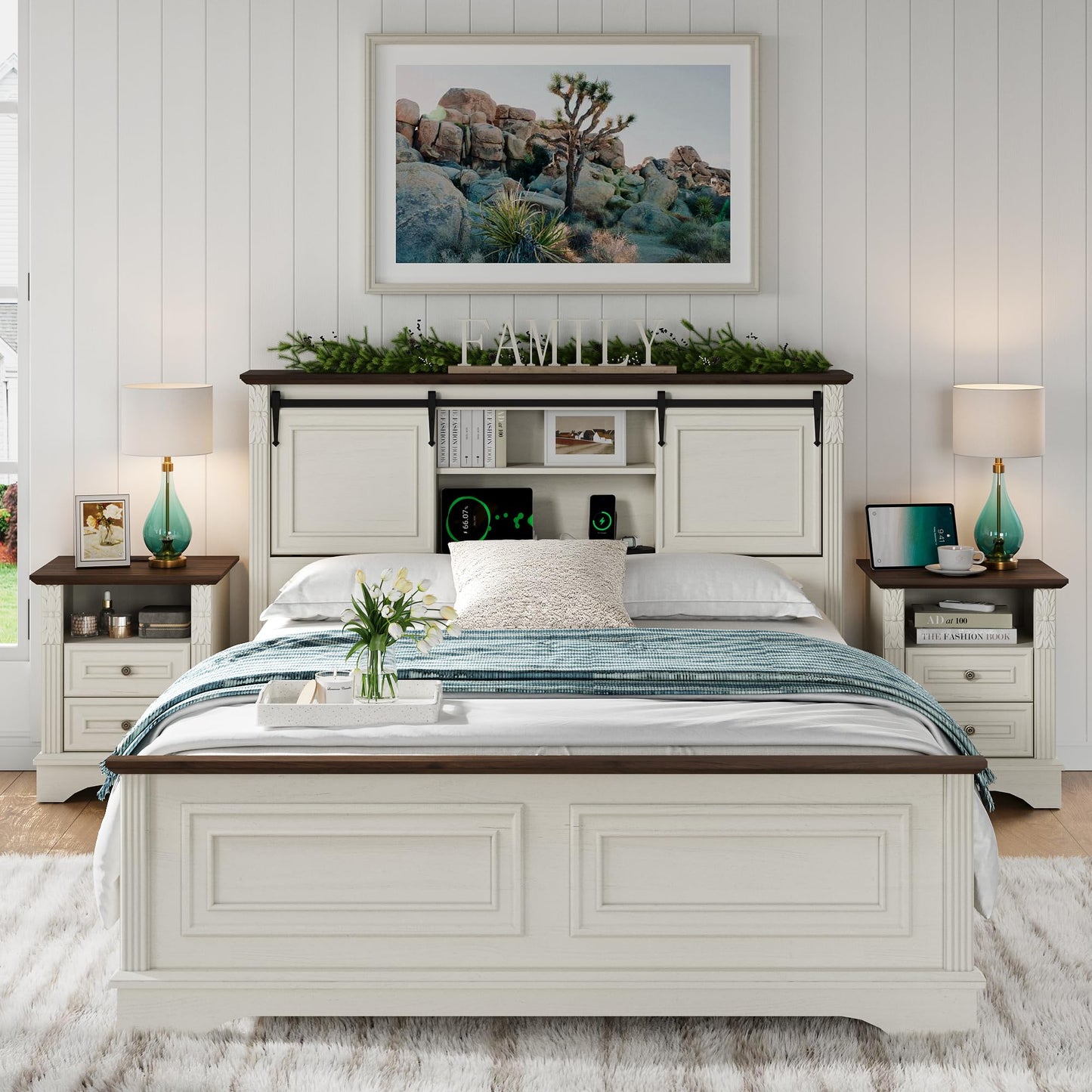 BLANKSPACE Queen Size Bed Frame with Storage Headboard, Charging Station, Bracket Footboard, Farmhouse Bed Frame with Bookcase and Sliding Barn Doors, Noiseless,(Antique White)