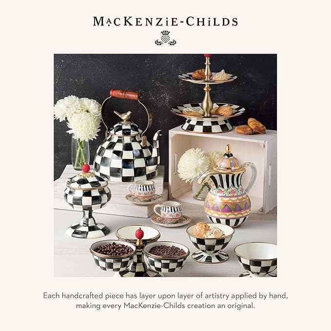 MACKENZIE-CHILDS Enamel Compote, Cute Enamel Pedestal Serving Dish or Decorative Bowl, Large, Black-and-White Courtly Check