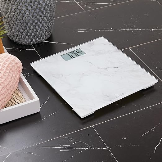 Taylor Digital Glass Marble Bathroom Scale, Scale for Body Weight, Highly Accurate Digital Bathroom Weighing Machine, Battery Powered, FSA HSA Eligible, Measures Weight up to 400 lb Capacity, White