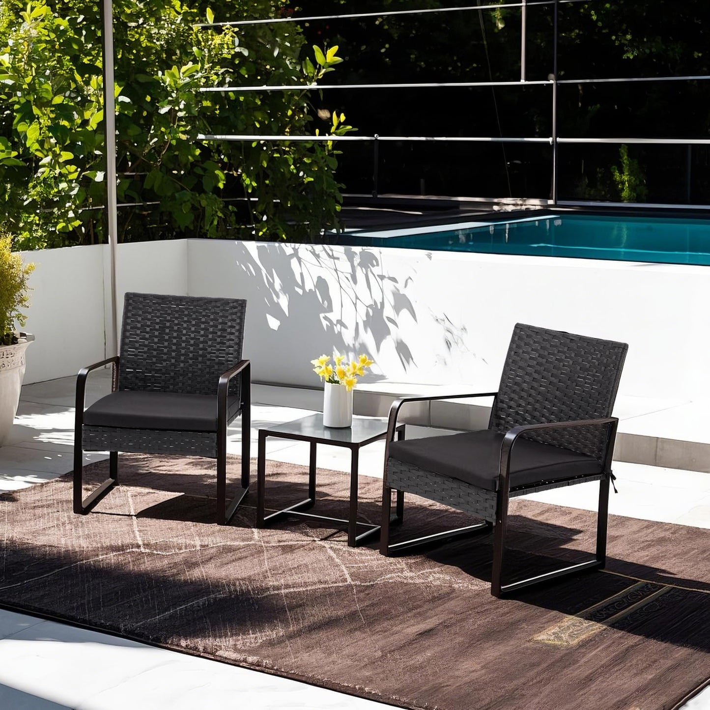 Bezseller 3 Piece Outdoor Patio Furniture Set, Patio Bistro Set Wicker Conversation Set, Modern Rattan Chair with Glass Coffee Table for Backyard, Porches, Poolside, Lawn and Balcony