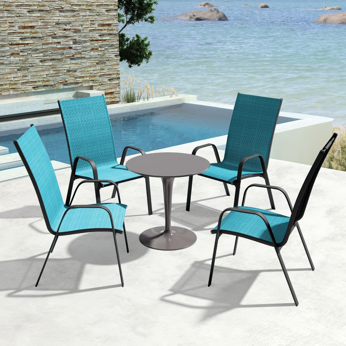 JEAREY Patio Dining Chairs Set of 4, Outdoor Stackable Dining Furniture Set, All Weather Dining Set for Lawn, Garden, Backyard, Poolside, Teal Blue