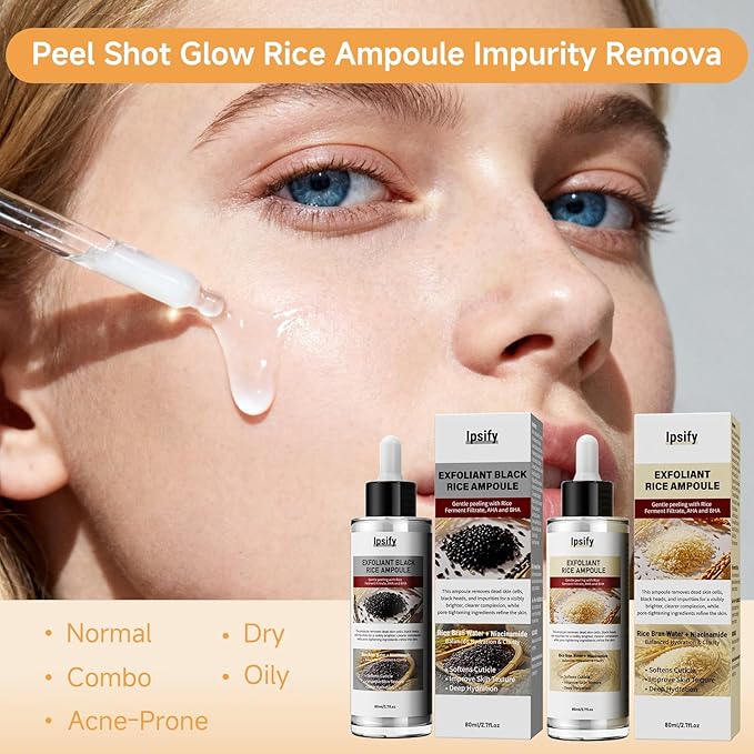 Peel Shot Glow Rice Ampoule Duo, Black and White Rice Exfoliant for Face and Body, Rice Exfoliator for Faces Dead Skin Cells Remover, Face Peel Shot Serum for Softens Cuticle (White+Black, 160ml)