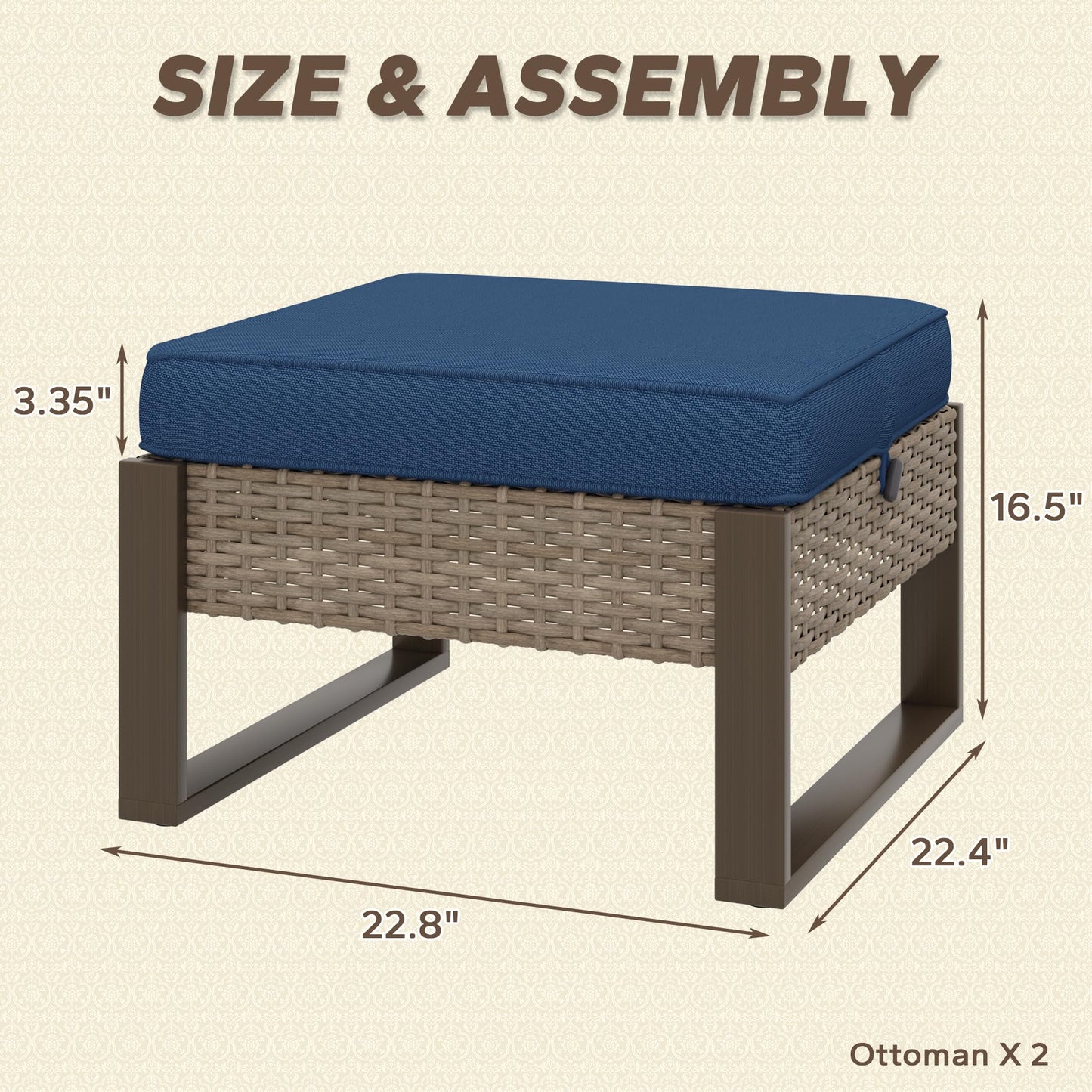 MeetLeisure Patio Metal Wicker Ottoman Set of 2, Outdoor PE Rattan Footstools with Removable Cushions & Wood-Looking Metal Steel Framed Legs for Garden Backyard Porch Deck, Dark Blue