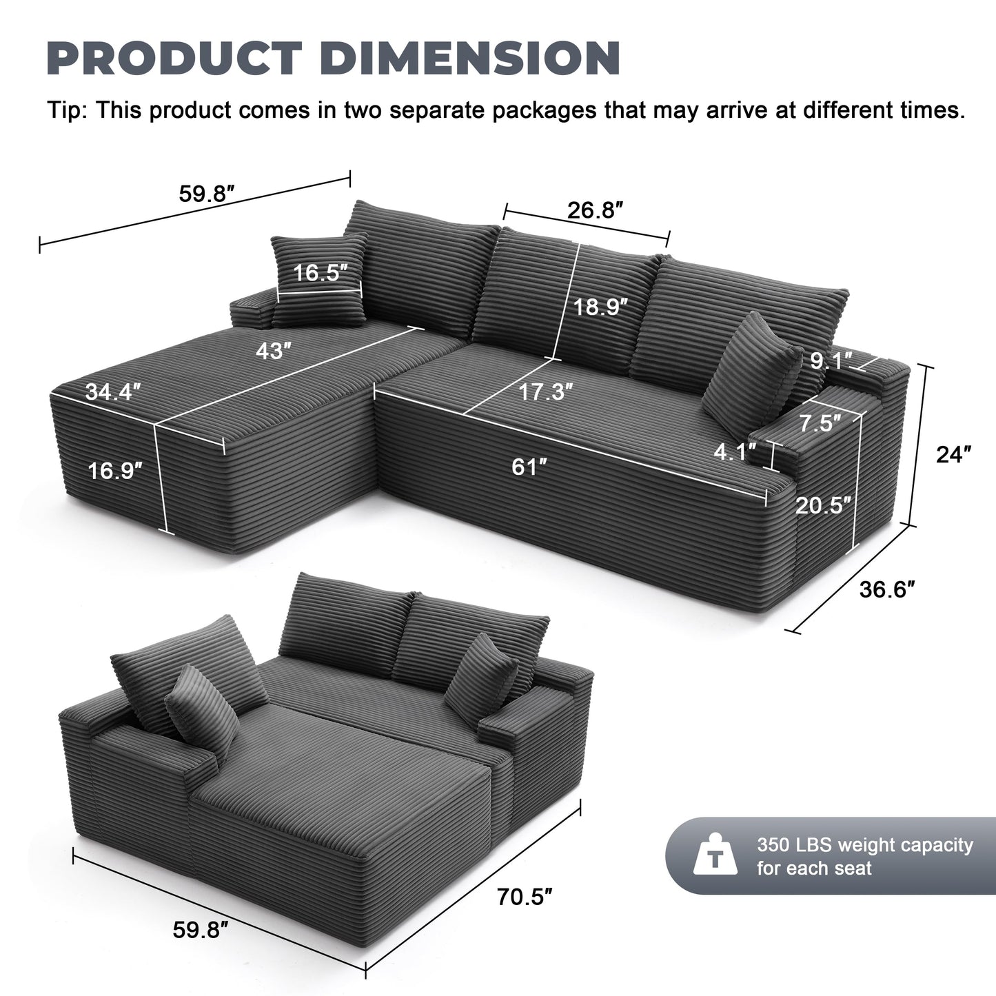 Mangodan Cloud Sectional Couch, Boneless Sofa for Living Room, Modular Sectional Sofa with Deep Seat, Fluffy Comfy Couch with L-Shaped Chaise, No Assembly Required, Dark Grey