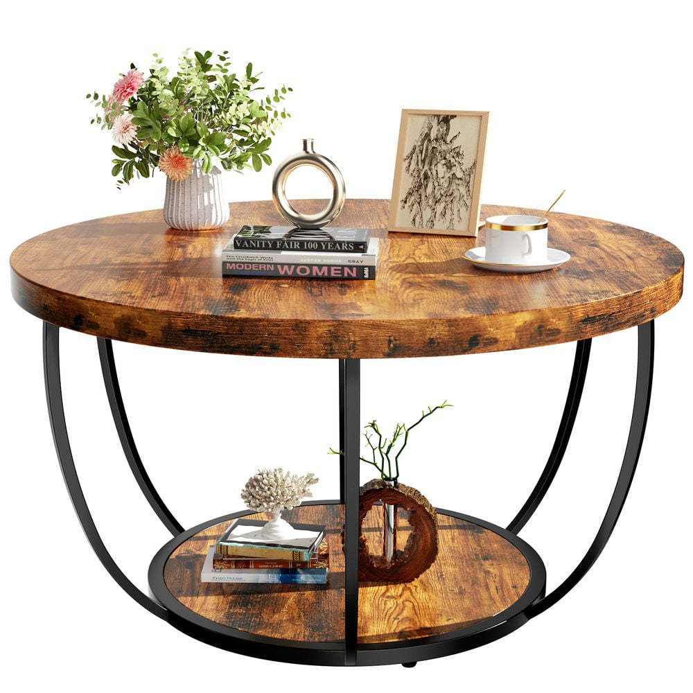 LUMAMIN 31.5" Round Coffee Table with Storage, 2 Tier Modern Small Wood Center Table with Metal Legs for Living Room, Bedroom, Rustic Brown