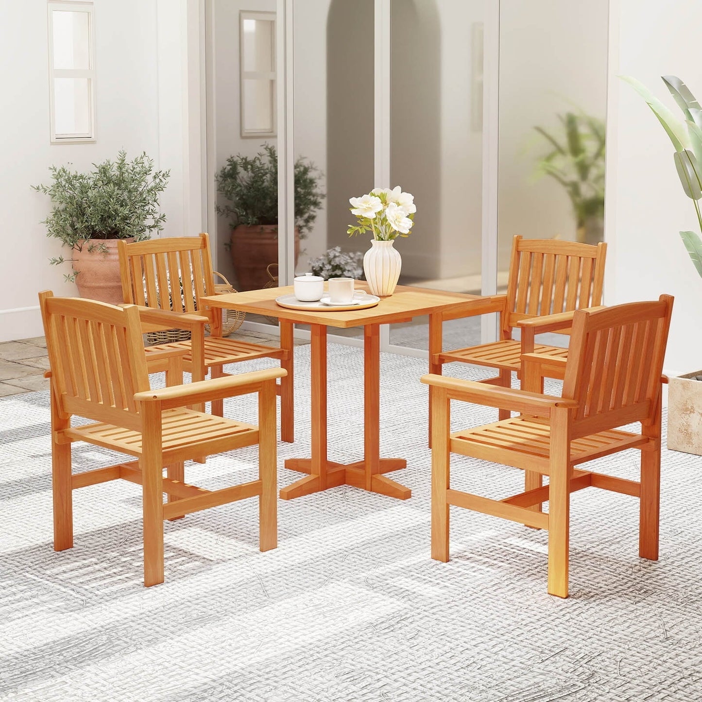 Costway Patio Chairs Set of 2 Outdoor Wooden Dining Chairs with Inclined Backrests