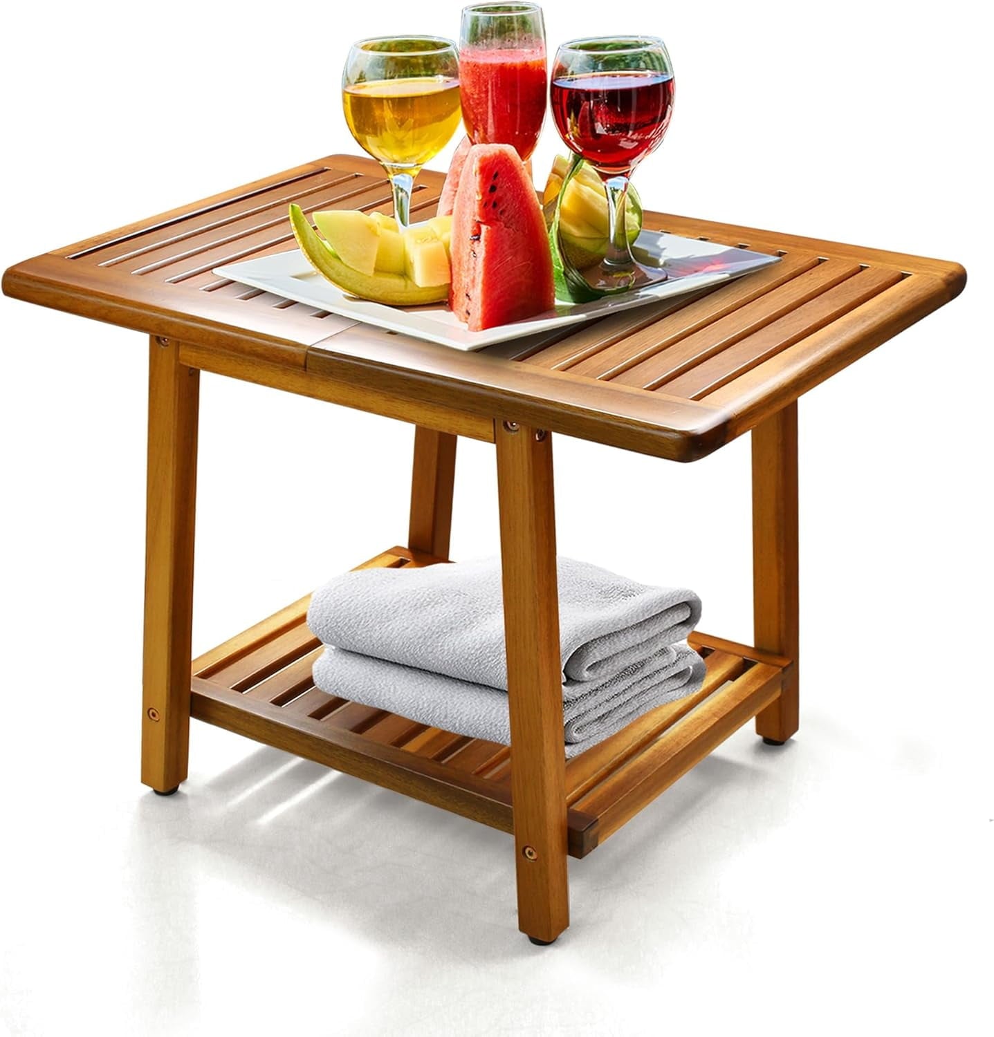 24 inch outdoor side table, 2-story sturdy terrace, weather resistant side table, strong stability, suitable for terraces, swimming pools, porches, teak veneer