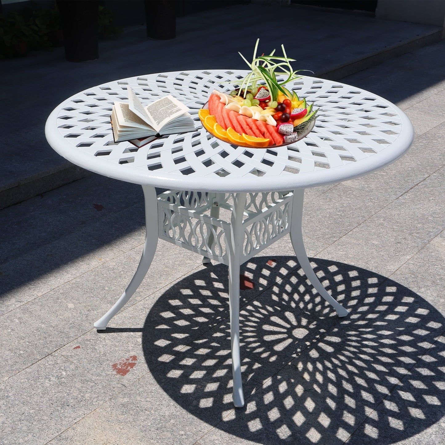 Withniture 42 INCH Patio Table with Umbrella Hole, Outdoor Round Cast Aluminum Bistro Table White