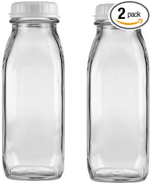 The Dairy Shoppe Glass Milk Bottle, Heavy Glass with Extra Lid, Creamery Style (2, Pint)