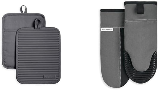 KitchenAid Ribbed Soft Silicone Pot Holder Set, Charcoal Grey 7"x9" & Beacon Two-Tone Non-Slip Oven Mitt Set, Contour Silver/Onyx Black, 5.75"x13", 2 Piece