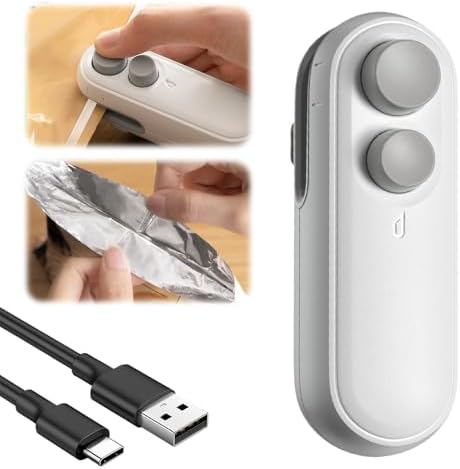 2-in-1 Mini Bag Sealer with Cutter & Magnet - Rechargeable Handheld Heat Sealing Machine for Snack & Chip Bags - Portable Food Storage Resealer (White, 2pcs)