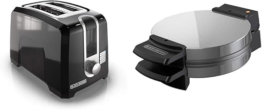 BLACK+DECKER 2-Slice Toaster, T2569B, Extra Wide Slots, 6 Shade Settings, 850 Watts, Crub Tray & Belgian Waffle Maker, Stainless Steel, WMB500,Silver