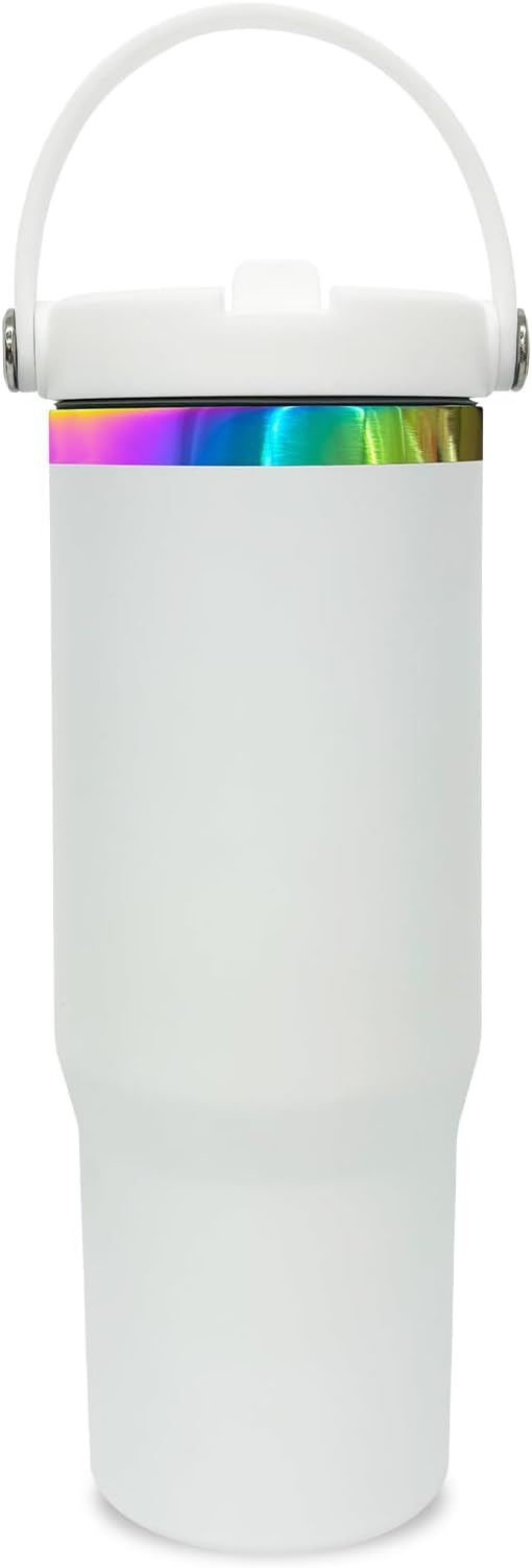 30 oz Tumbler with Handle and Straw, Vacuum Insulated Tumblers with Flip Straw and Top Handle, Leakproof Powder Coated Tumbler, Stainless Steel Travel Mug for Coffee Water (White)