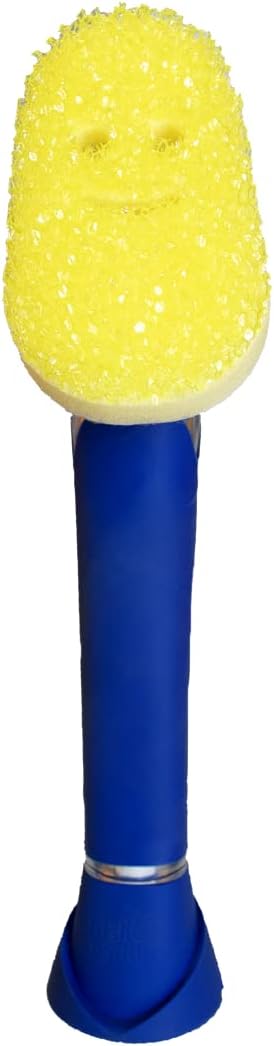 Scrub Daddy Dish Wand Scrubbing Brush with Handle, Soap Dispensing Dish Brushes, Texture Changing Washing Up Sponges With Liquid Dispenser, Scrubber with Scraper & Detachable Head Sponge, Blue