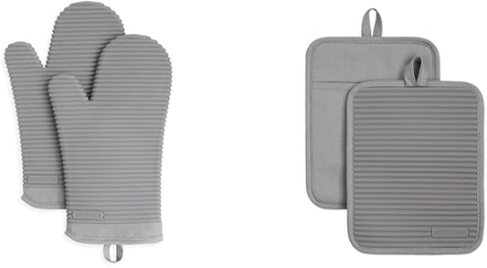 KitchenAid Ribbed Soft Silicone Oven Mitt Set, 7"x13", Grey 2 Count & Ribbed Soft Silicone Water Resistant Pot Holder Set, Grey, 2 Piece Set
