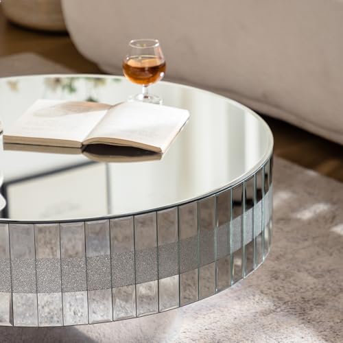 Round Coffee Table with Dazzling Crushed Crystal Border, 31" Round Silver Mirrored Coffee Table for Living Room, Glam Modern Glass Living Room Center Tea Cocktail Table, Bedroom Pedestal Nightstand