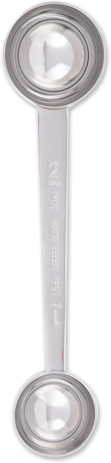 RSVP International Coffee Measuring Spoon, Long Handled Stainless Steel Scoop Multi-purpose for Baking, Ground Coffee, Beans or Loose Leaf Tea, Double, 1-Tbsp/2-Tbsp