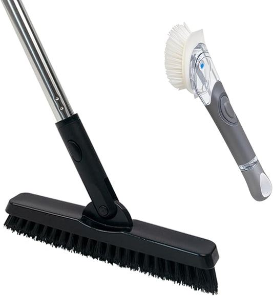 CELOX Grout Brush with Long Handle and Dish Brush with Soap Dispenser for Cleaning Pots, Dishes, Bowls, Gray