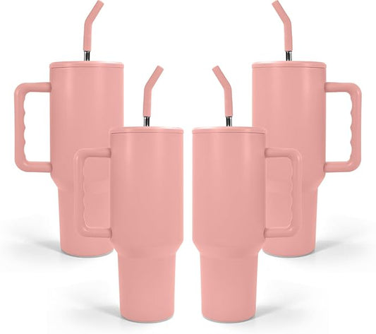 AGH 40 oz Sublimation Tumbler with Handle 4-Pack Stainless Steel Insulated Tumblers Blanks Water Bottle Travel Cups Matte Pink