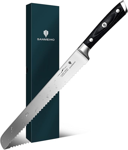 8" Bread Knife - Sourdough Cake Knife Professional 5Cr15MoV Stainless Steel Serrated Knives, Ergonomic Wood Handle & Full Tang Design, Gift Box Included(Single-Edge)