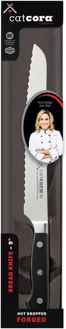 Cat Cora Forged Serrated Bread Knife, Professional 9-Inch German Steel Blade For Homemade Sourdough, Artisan Bread Slicing, or Cake Cutting, Ergonomic Triple-Rivet Handle, NSF-Certified Kitchen Knife