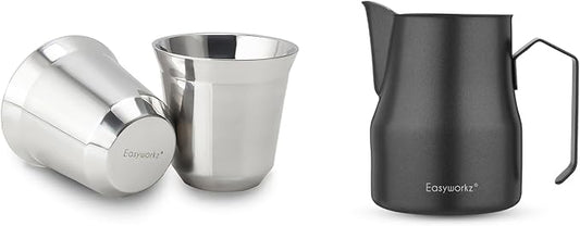 Easyworkz Stainless Steel Espresso Cup 2pcs Set Double Wall 5 oz, Bundled Espresso Steaming Pitcher Stainless Steel 15 oz Coffee Frothing Picther Milk Jug Cappuccino Latte Art Cup
