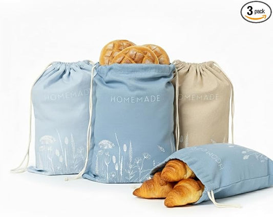 Reusable Bread Bags with Drawstring | XL Pack of 3 | Eco-Friendly Washable Linen Bread Bag & Spacious Sourdough Bread Storage | Bread Bags Reusable Keeps Your Loaf Fresh | Flower Design