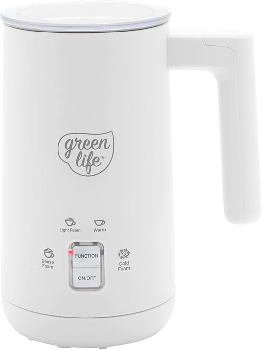 GreenLife Ceramic Electric Milk Frother, 10oz, 4-in-1, Auto Hot and Cold Foam, Dense and Light Foam, PFAS Free, Cordless Milk Warmer and Steamer for Latte, Coffee, White