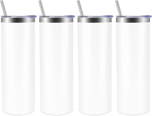Volhoply 4 Pack Skinny Tumblers with Lid and Straw, 20oz Stainless Steel Straight Tumbler Bulk, Vacuum Insulated Coffee Mug for Home, Office, Travel, DIY (White,4 Pack)
