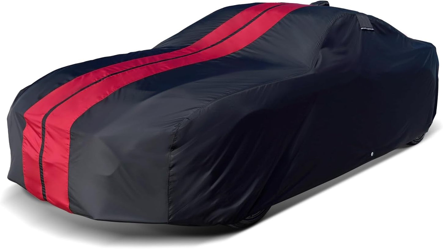iCarCover Premium Plus Car Cover for 1968-1972 Chevy El Camino Waterproof All Weather Rain Snow UV Sun Hail Protector for Automobiles, Full Exterior Indoor Outdoor Car Cover (Stripe - Black/Red)