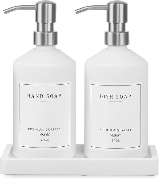 White Glass Soap Dispenser for Kitchen, Dish and Hand Soap Dispenser with Silver Stainless Steel Pump, Modern Kitchen Decor and Accessories (White Bottle/Silver Pump)