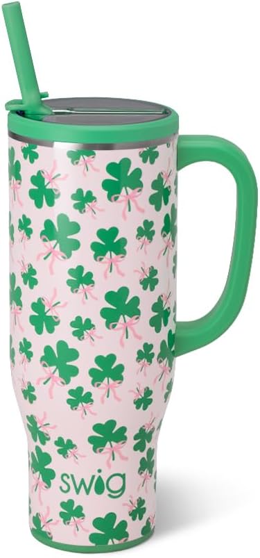 Swig Life 30oz Mega Mug, 30oz Tumbler with Handle and Straw, Large Insulated Tumblers, Cup Holder Friendly Travel Mug, Stainless Steel 30 oz Tumbler, Reusable Insulated Water Bottle (Clover Crush)
