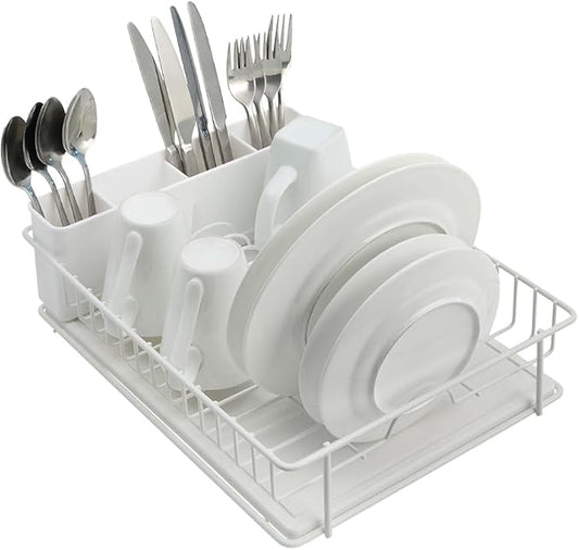 SunnyPoint 304 Stainless Steel Dish Drying Rack with Diatomaceous Earth Drainboard & Removable Utensil Caddy – Rust Resistant Countertop Dish Rack for Kitchen (White)